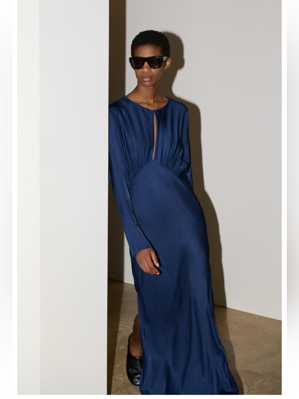 ZARA Satin Effect Maxi Dress Navy Blue Ruched Waist Long Sleeve M